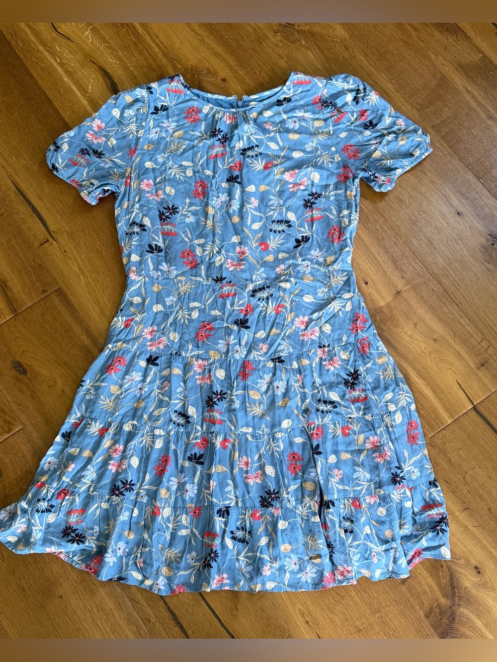 Loft Light Blue Fit and Flare Floral Short Sleeve Dress